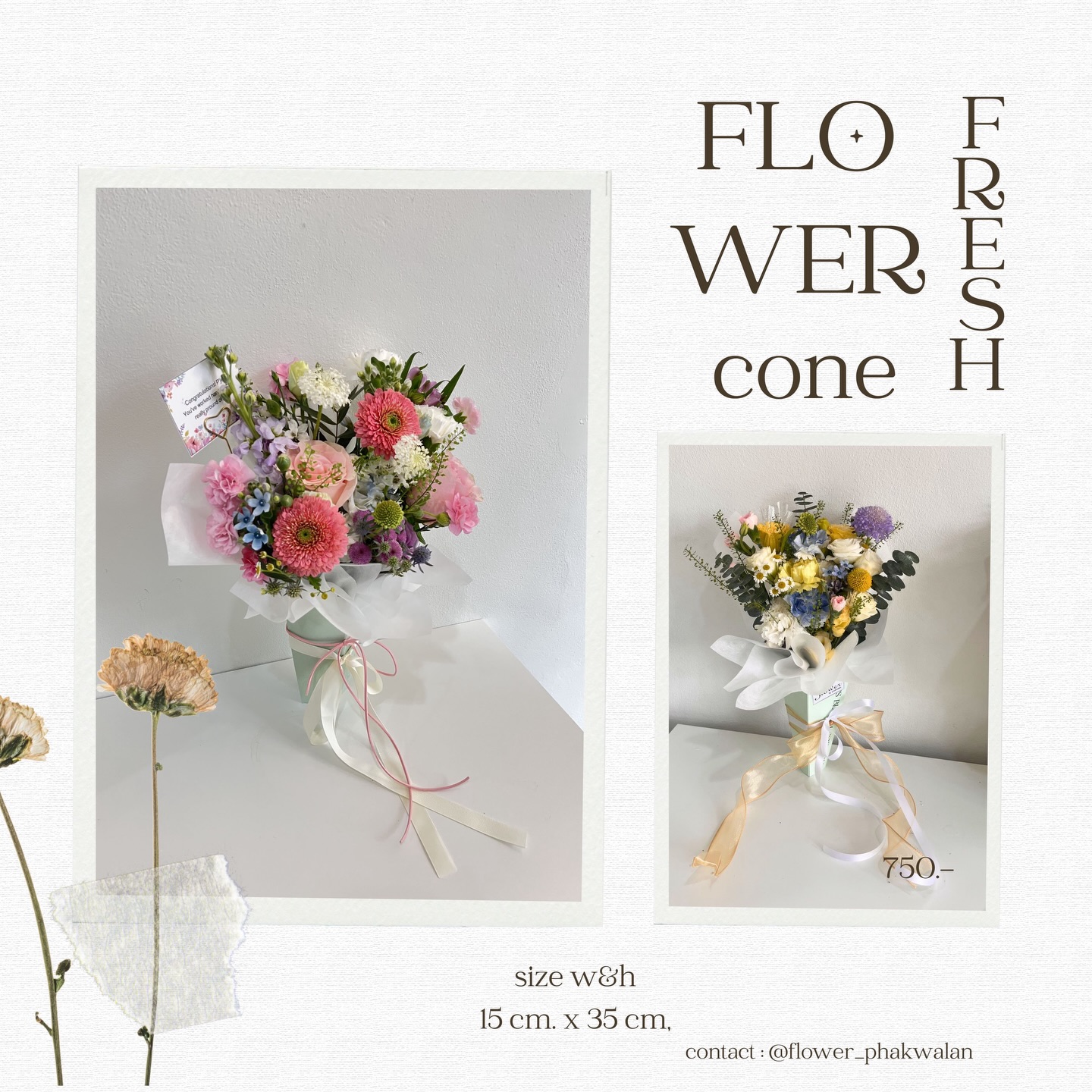 ช่อดอกไม้สด flower cone สีชมพู สไตล์เกาหลี ร้านดอกไม้บางซื่อ